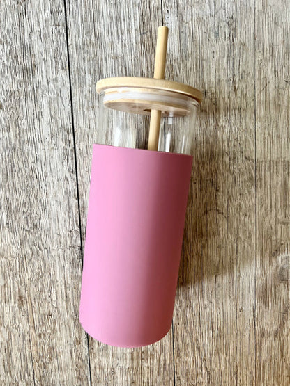 GLASS TUMBLER W/SILICONE SLEEVE + BAMBOO LID/STRAW