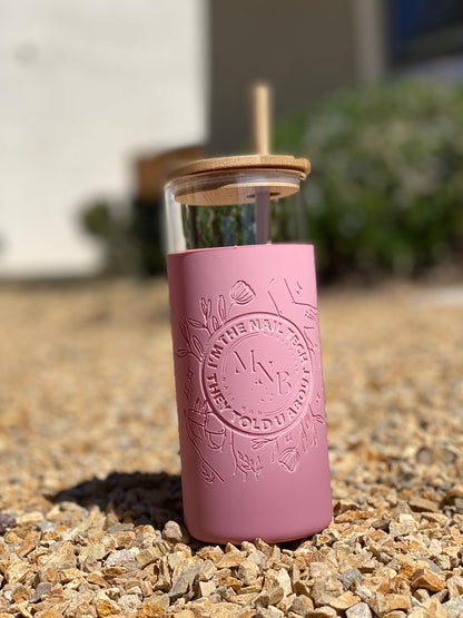 GLASS TUMBLER W/SILICONE SLEEVE + BAMBOO LID/STRAW