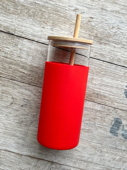 GLASS TUMBLER W/SILICONE SLEEVE + BAMBOO LID/STRAW